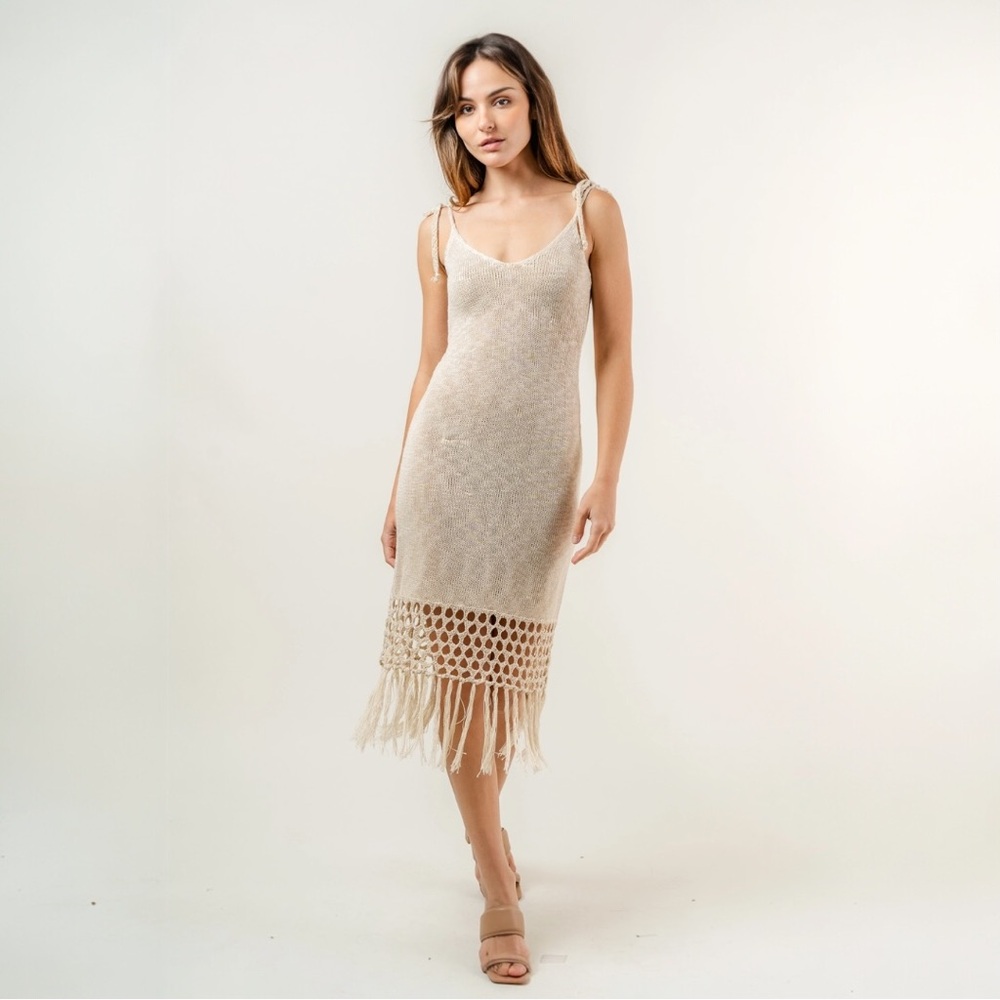 BEACH RESORT VACATION CROCHET FRINGE MIDI DRESS